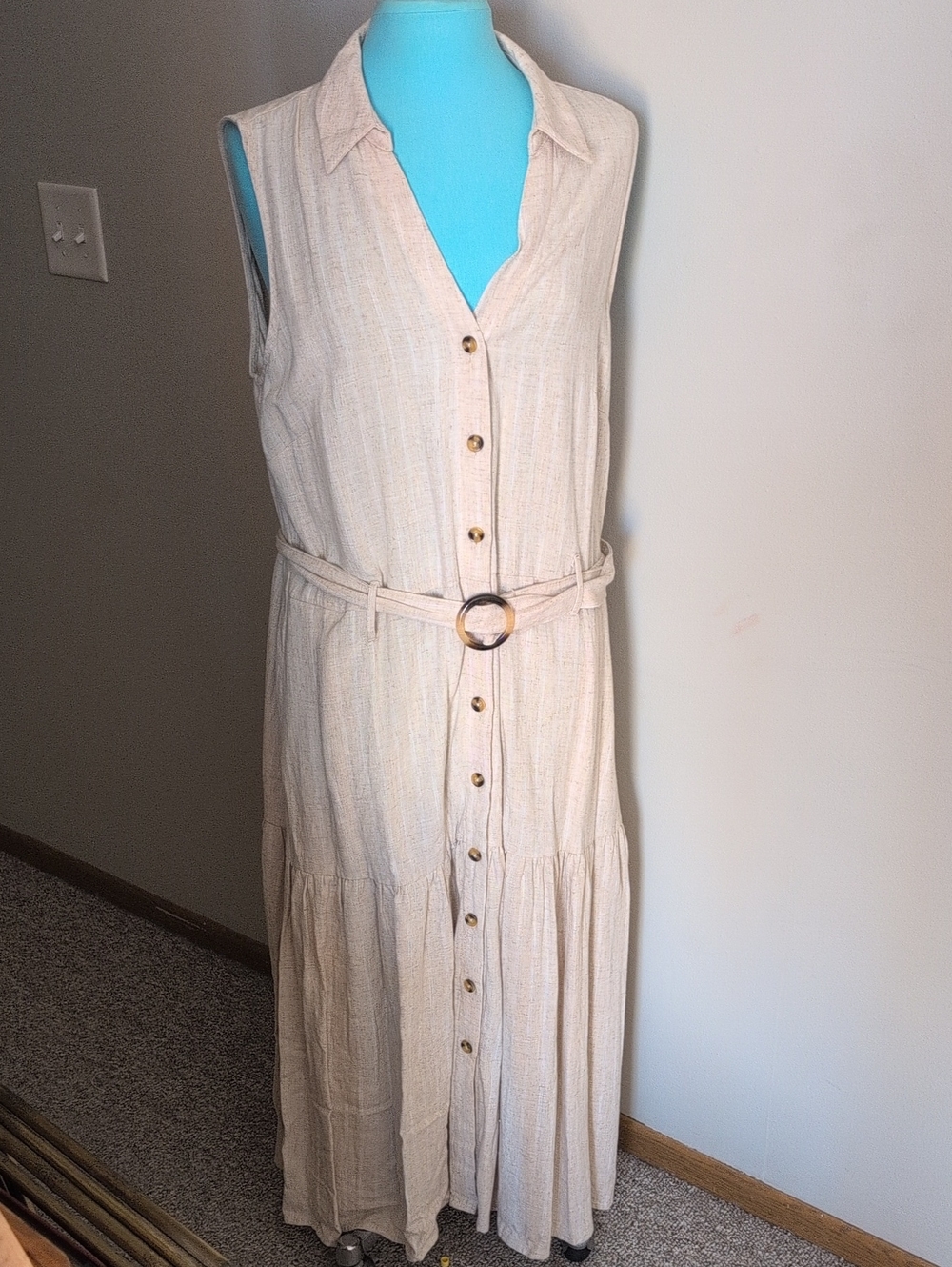 Falls Creek Sleeveless Button-Front Maxi Dress in Beige